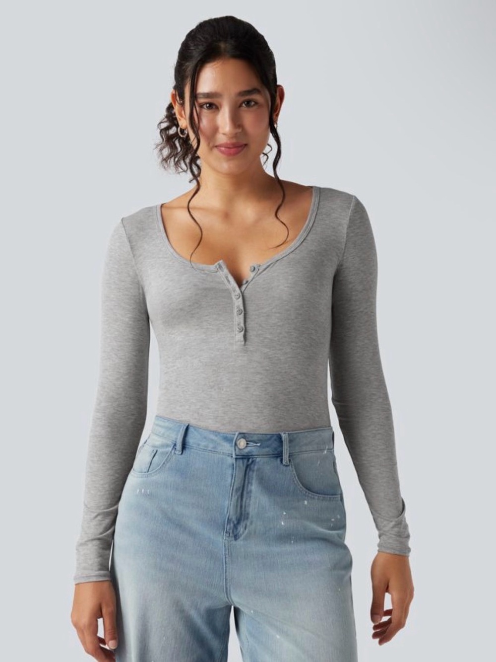 HALARA Ribbed Henley Neck Long Sleeve Slim Casual Gray T-Shirt XL